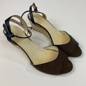 Lands' End wedge strappy peep toe sandals size 8; nautical, coastal, brown, blue